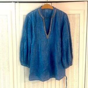 120% LINO Lisette Linen Top  Blue Jewels Size 40/4 Italian Luxury Top NWOT